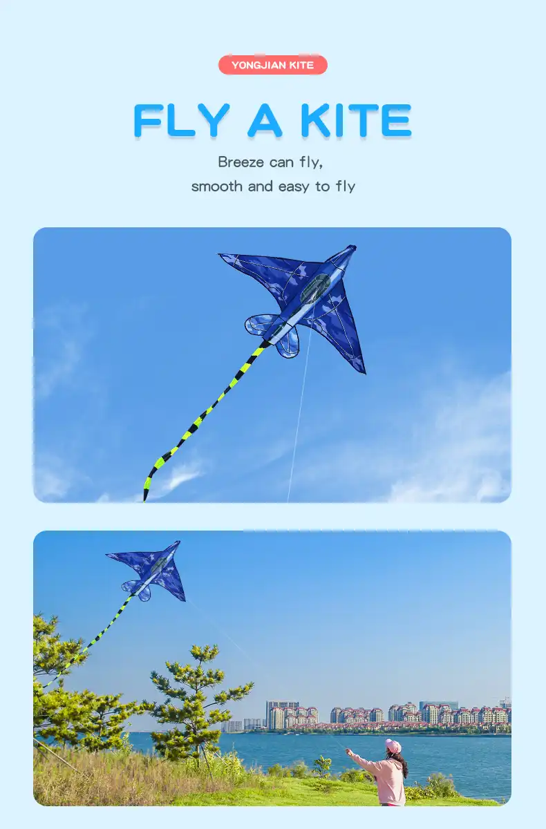 Blue camouflage airplane kite soaring high in clear sky with long flowing tail visible.
