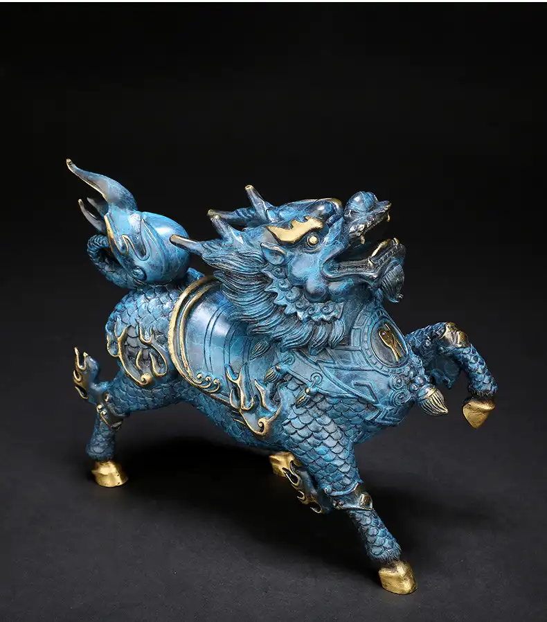 Premium copper Qilin sculpture in home office setting displaying feng shui placement and decoration.