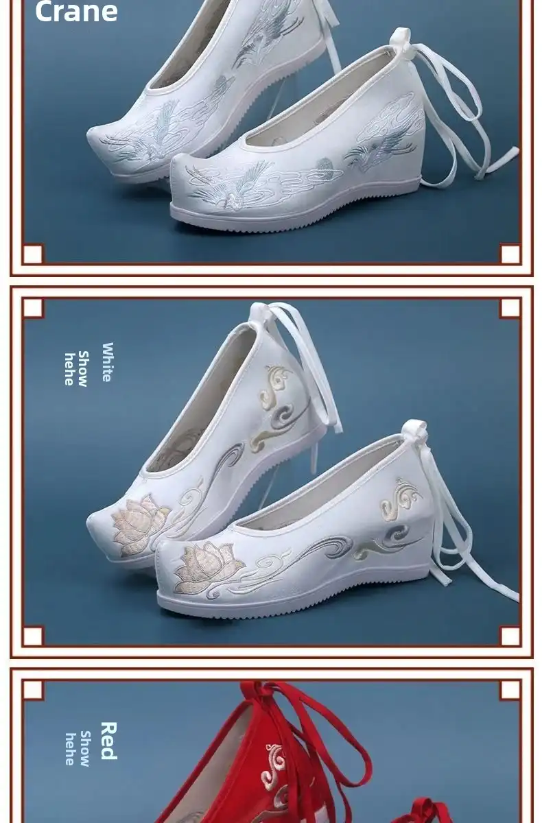 Phoenix pattern Chinese shoes showing gold thread embroidery work against red canvas background.
