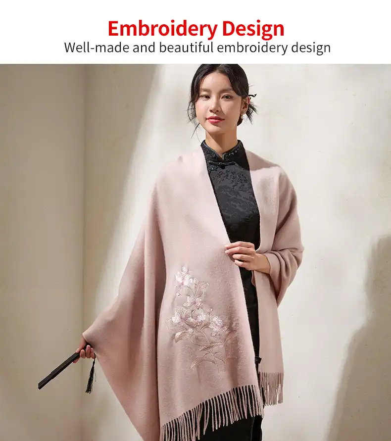 Womens winter wrap featuring authentic Suzhou embroidery craftsmanship and tasseled edges.