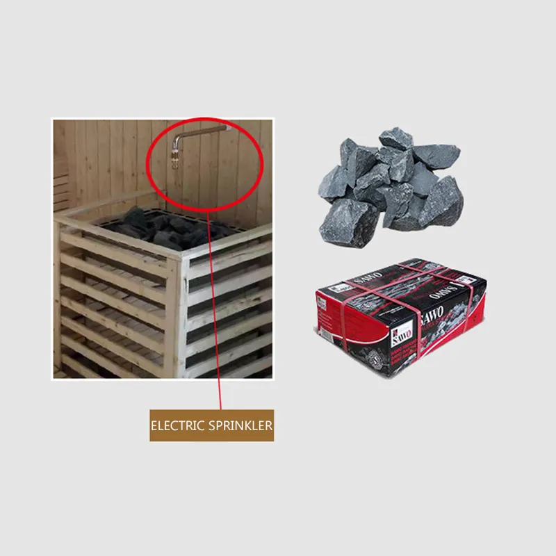 Steam rising from wet volcanic sauna stones on heater creating authentic sauna atmosphere.