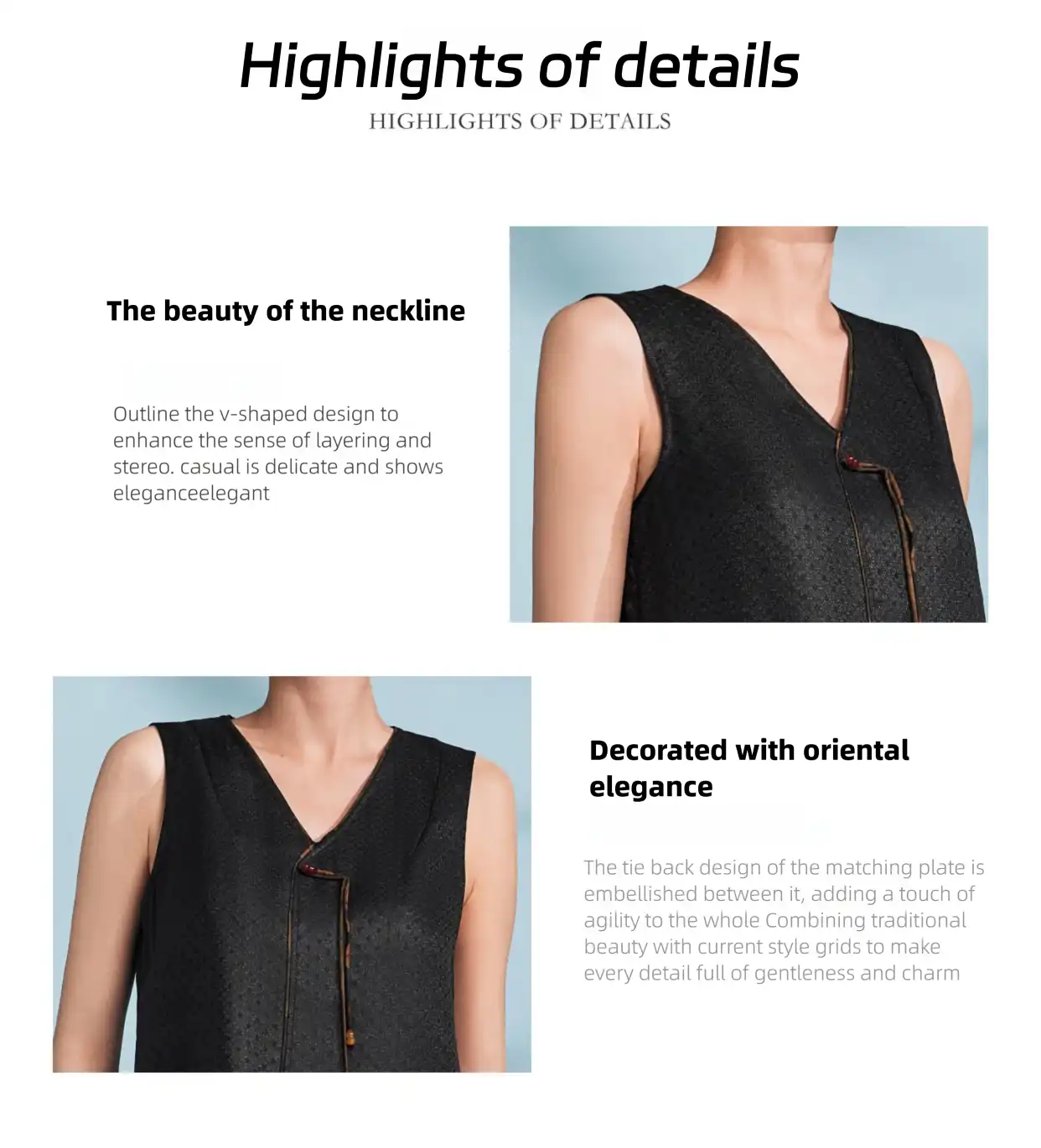 Front view of Black Pearl Gambiered Guangdong silk V-neck tank top with elegant Chinese styling.