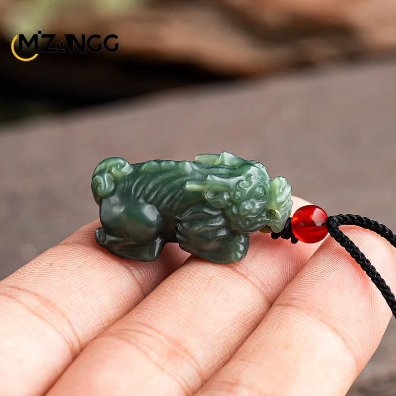 ​​Blue jade Buddha necklace worn by model showing elegant appearance and adjustable chain length.