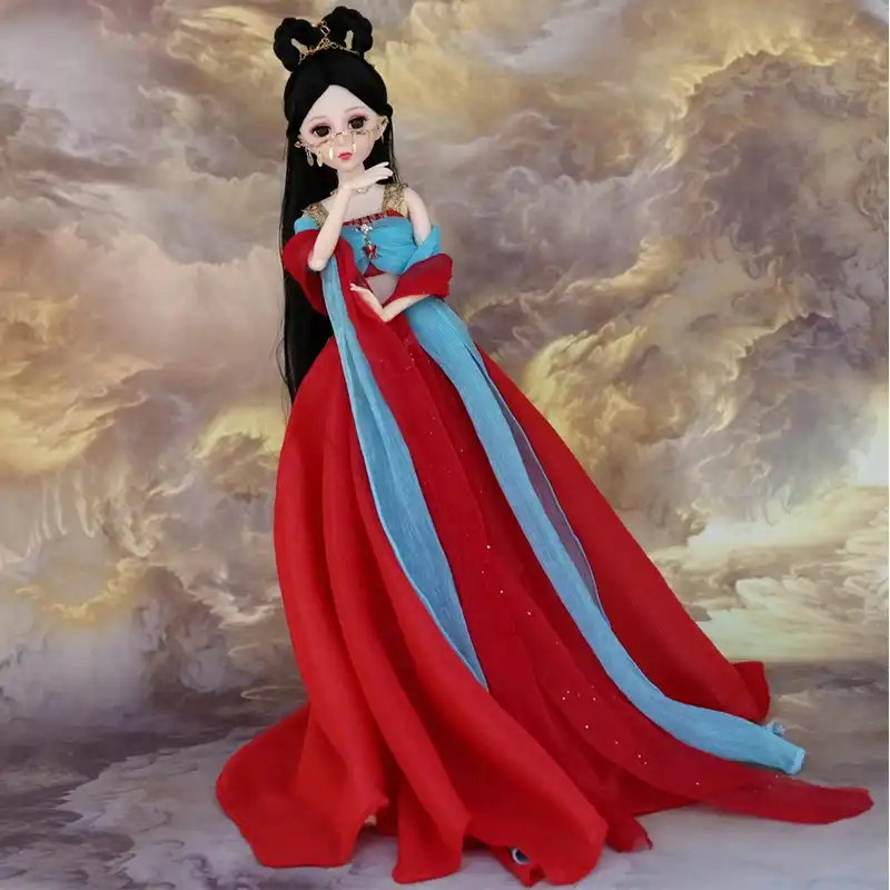 Detail shot of traditional Chinese dress patterns and embroidery on Hanfu doll costume.
