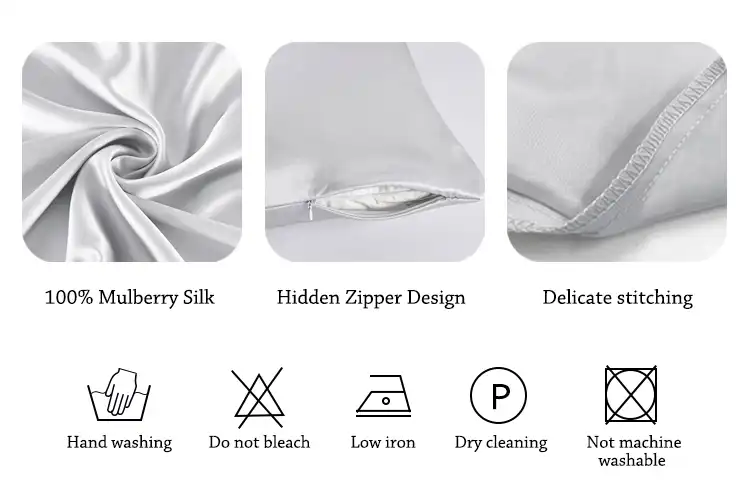 Size comparison chart showing standard queen and king silk pillowcase dimensions.