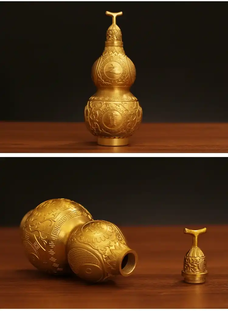 Traditional Chinese style metal gourd displayed as elegant home accessory and feng shui charm.