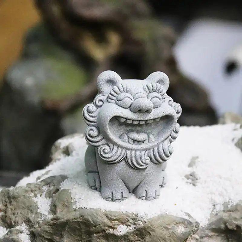 Multiple angle view of handcrafted chinese lion statues demonstrating detailed sculptural artistry.