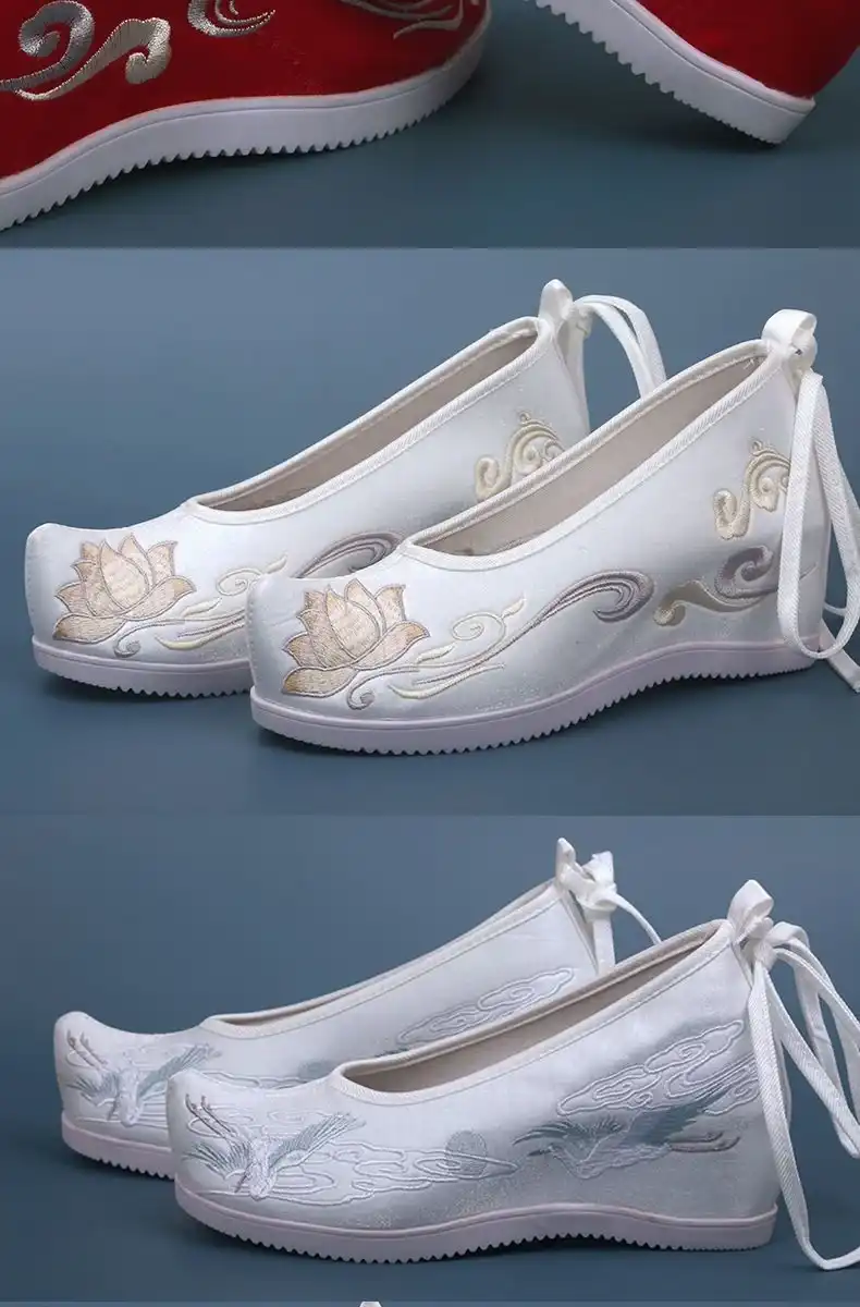 Traditional Hanfu footwear styled with red silk fabric demonstrating authentic Chinese cultural fashion.