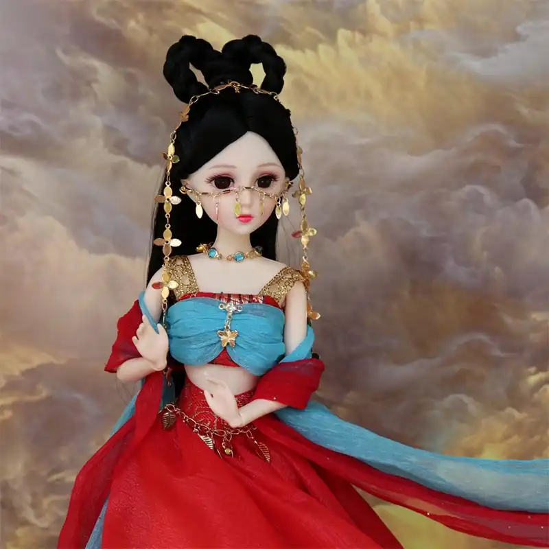 Chinese princess doll displayed with all accessories showing complete traditional outfit set.