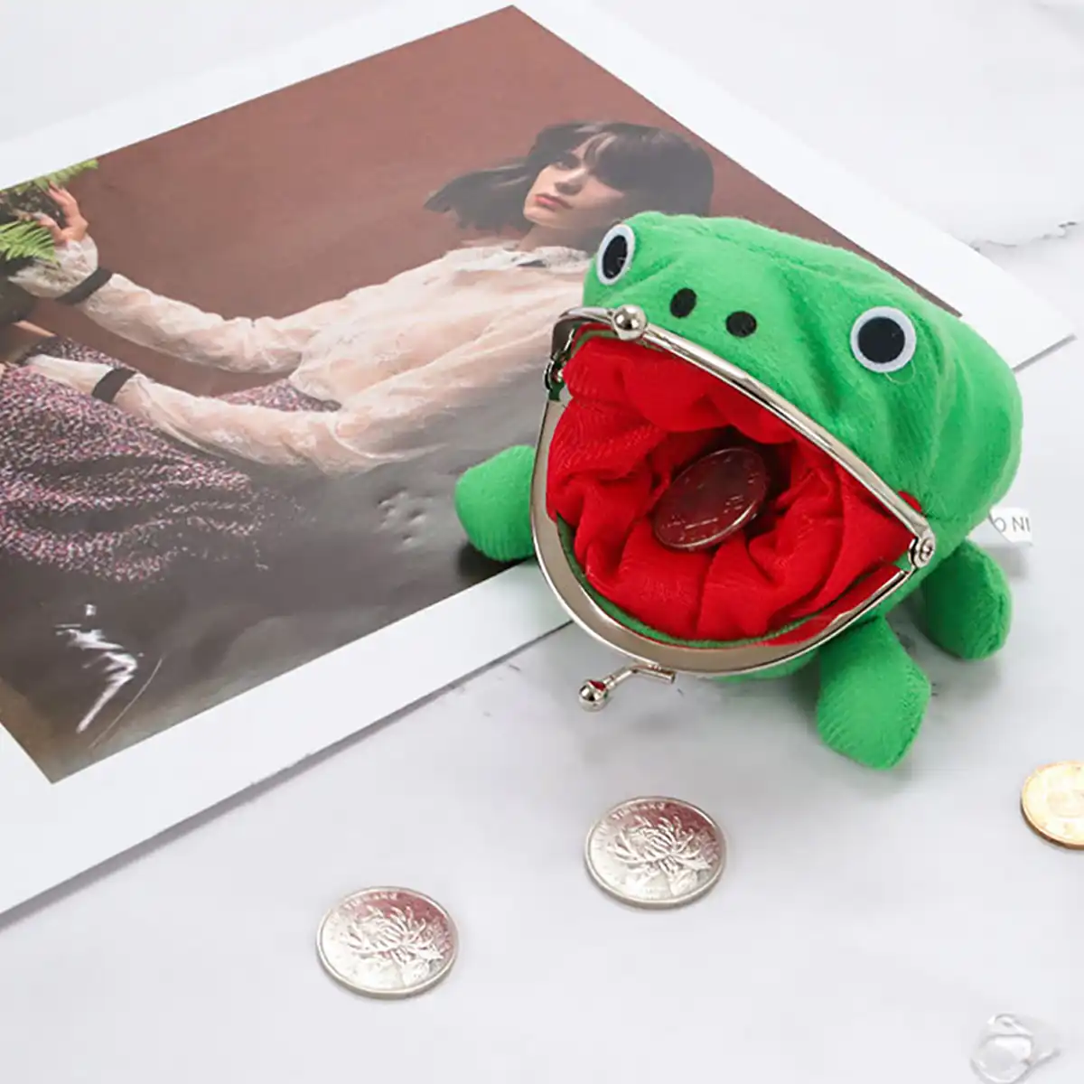 Trendy anime frog keychain purse, styled as school prize gift..