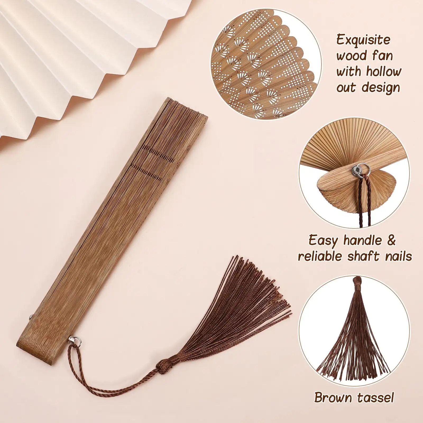 Folded bamboo fan showing compact portable size perfect for carrying in bags or purses.