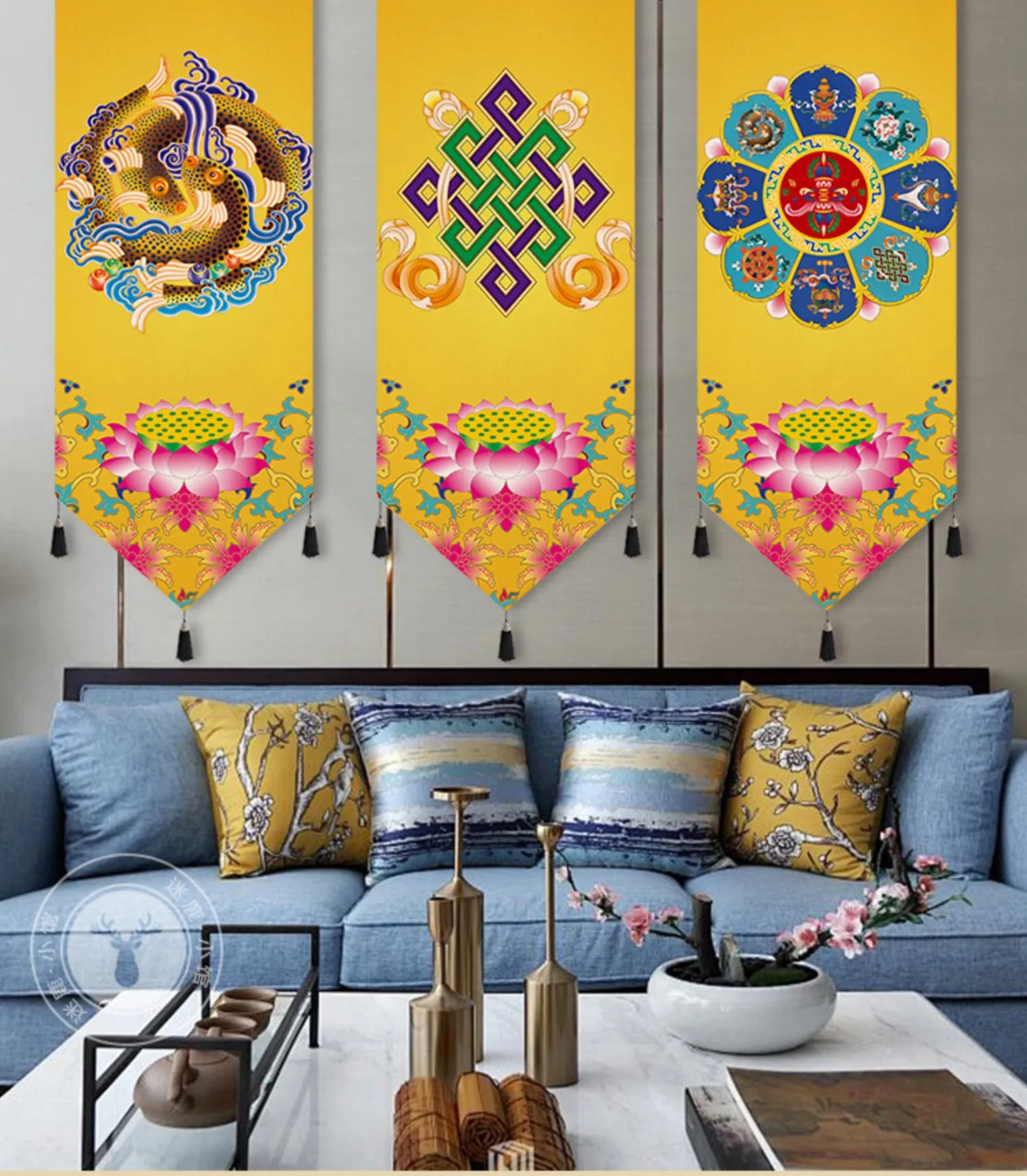 Buddhist canvas wall art featuring traditional Tibetan Eight Auspicious Symbols.