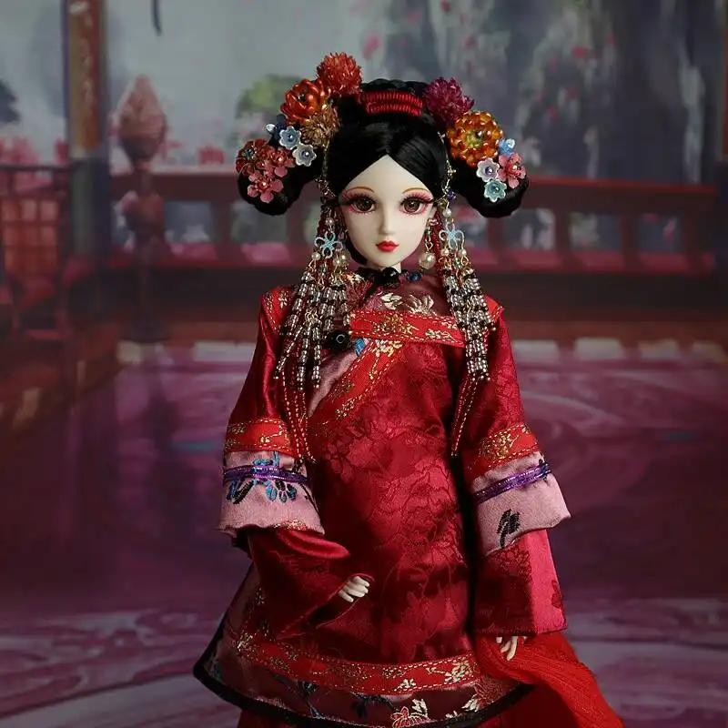 Complete Chinese costume doll set showing all components and accessories included.