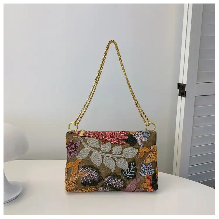 Complete product overview of sequined embroidery clutch displaying all features and design elements.