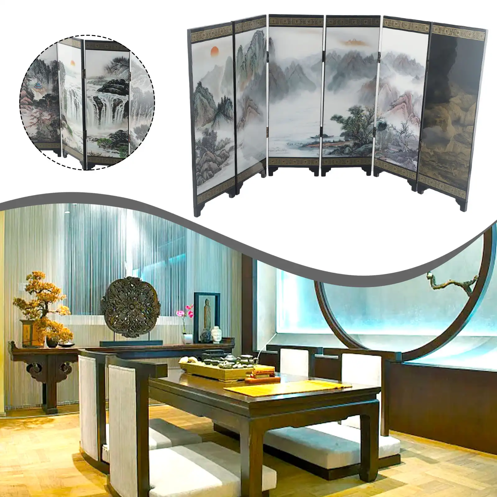Complete set Chinese folding screen showing all six panels with traditional landscape artwork design.