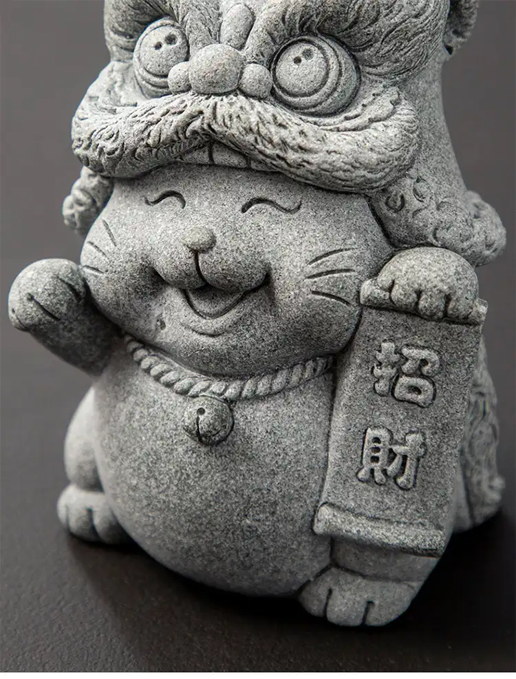 Multiple angles view of stone cat tea pet demonstrating versatile decorative appeal.