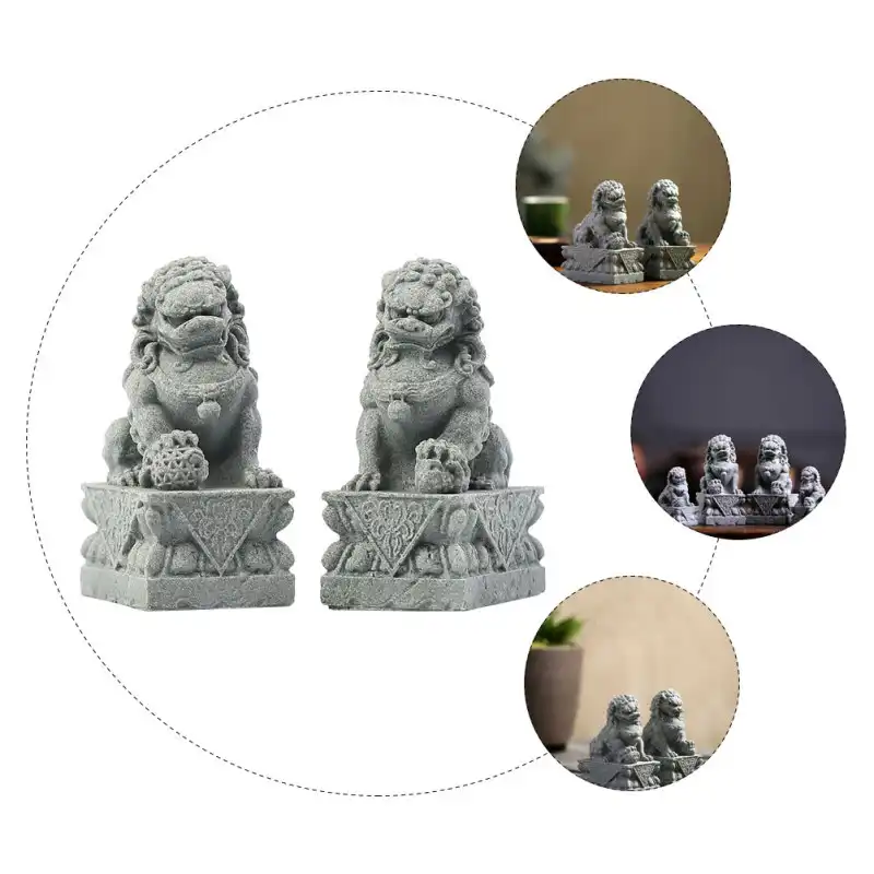 Detail shot of mini lion statue base showing stable construction for secure desktop placement.