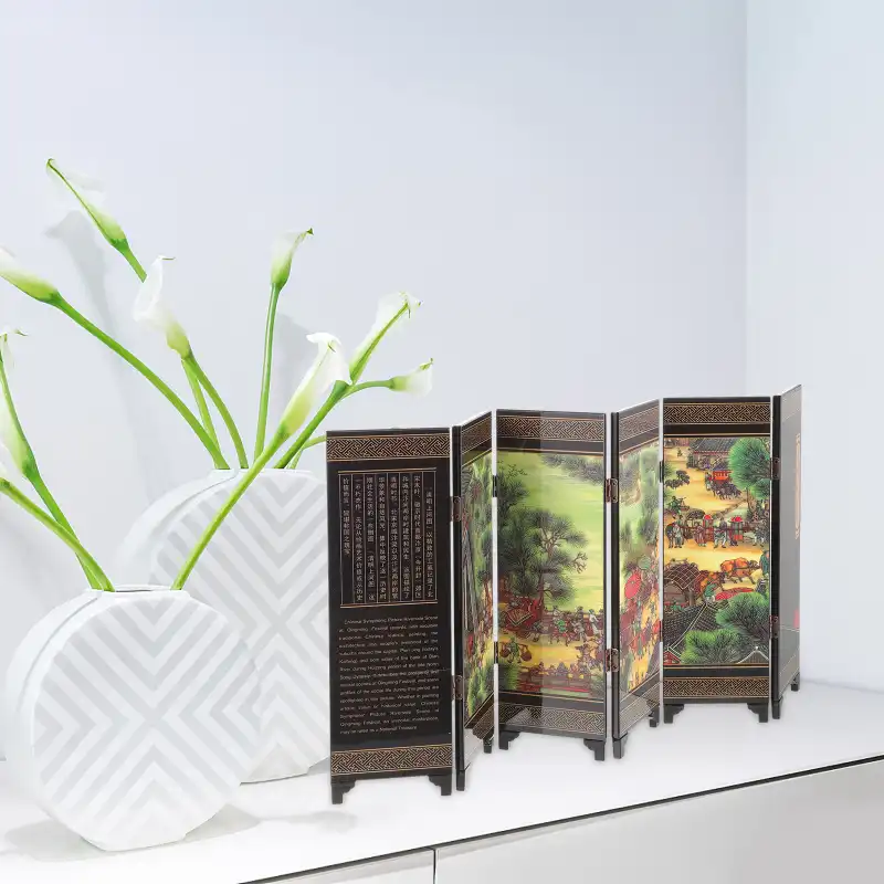 Living room setup featuring retro wooden screen divider creating intimate space partition.