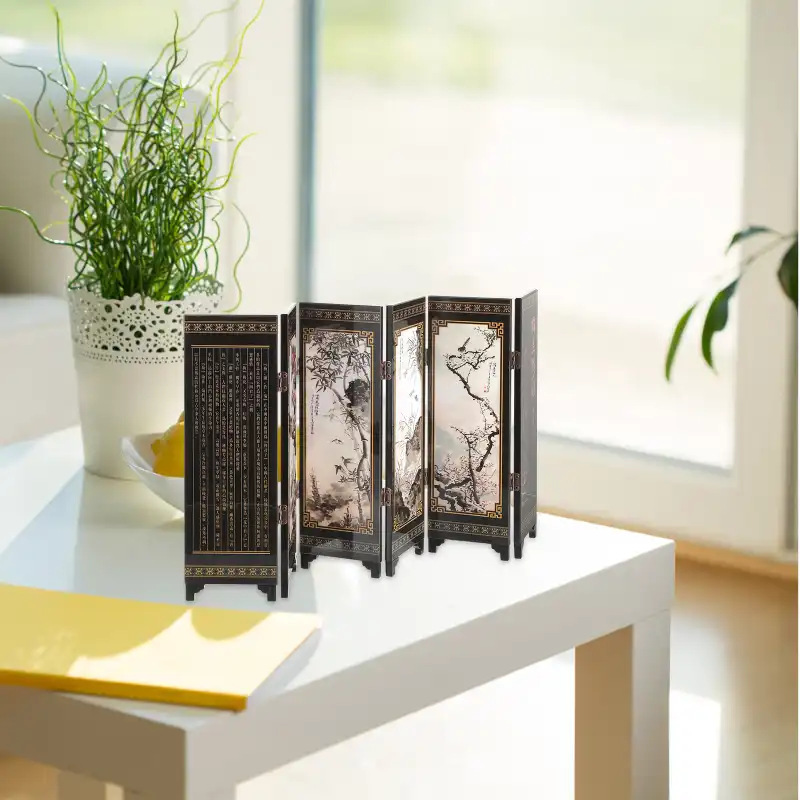 Fully extended six panel wooden screen showing complete folk custom artwork and bright colors.