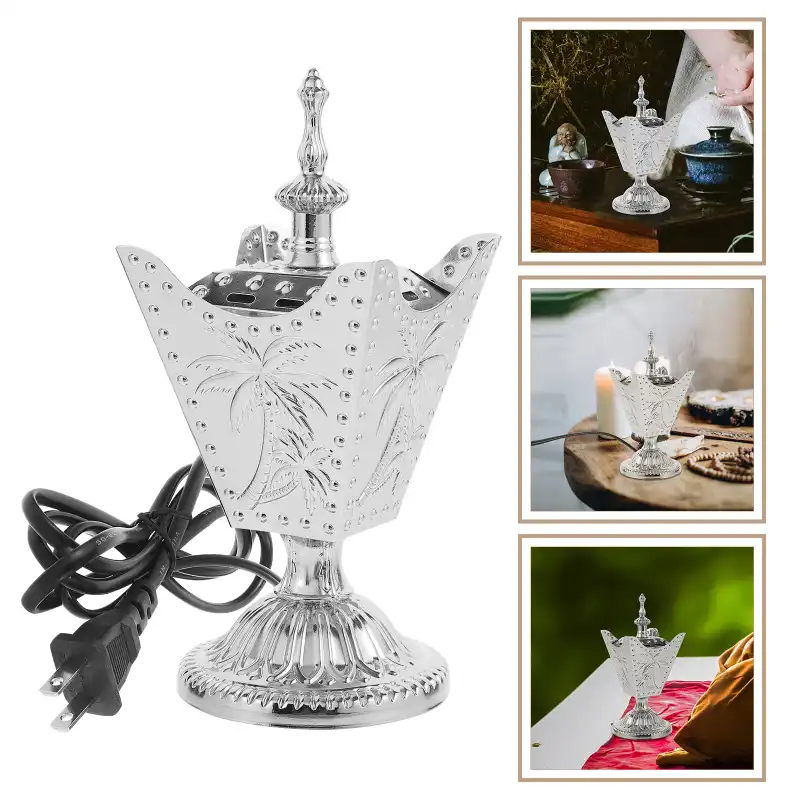 Electric incense burner dimensions and golden iron material detail with decorative pattern finish.